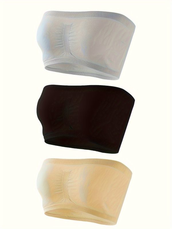 3-Pack Elegant Black Bandeau Bra Tops, Anti-Slip Gathered Chest Wrap, Seamless Strapless Breathable Lingerie Set - Image 3