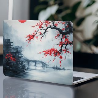 3pcs Vibrant Red Maple Leaf & Traditional Asian Bridge Laptop Stickers - Durable PVC, Anti-Scratch, Perfect for MacBook & Other Laptops - Available in 1pc Spare, Laptop Decoration | Artistic Laptop Skin | Durable Laptop Skin, Laptop Accessories