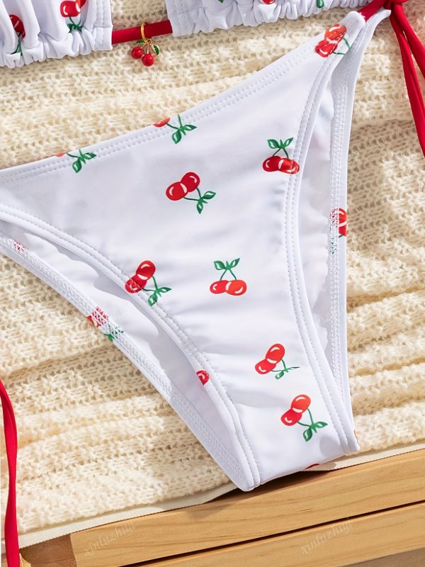 Women'S Cherry Print Bikini Set with Red Bow Detail - High-Stretch Fabric, Adjustable Straps, White & Red Design for Beach or Pool, Beach Swimwear | Playful Swimwear | Highelasticity Fabric - Image 5