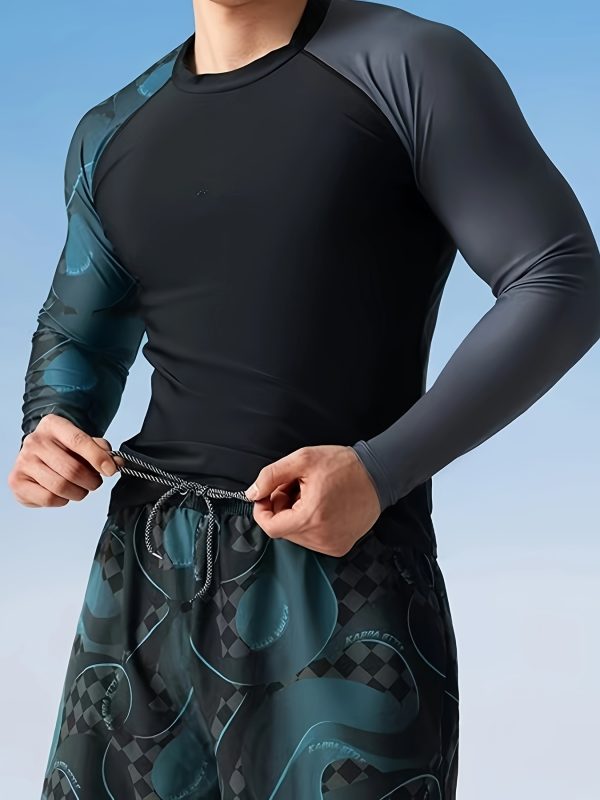Men's Quick-Dry Swimsuit Set - Sporty Two-Layer Swim Trunks with Elastic Drawstring, Durable Nylon & Elastane Blend, Camouflage Pattern, Long Sleeve Rash Guard - Ideal for Diving & Beach Activities, Beach Swimwear|Sporty Swimwear|Smooth Texture Swimwear, High Waisted Swimsuit - Image 5