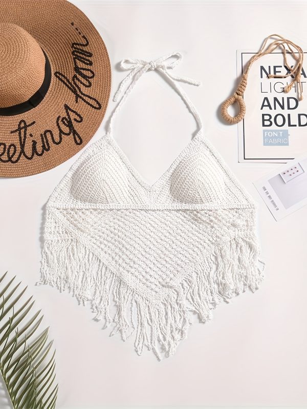 Fringe Hanky Plain Crochet Boho Beach Top, Halter Hollow Out Paddings Top, Women'S Swimwear & Clothing for Carnival & Music Festival - Image 10