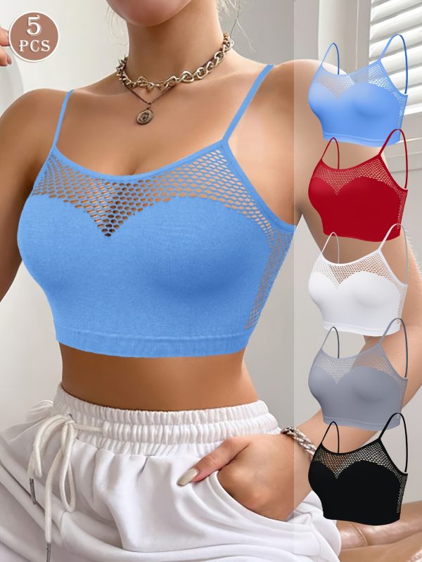 5pcs Women'S Multicolor Hollow Breathable Yoga Fitness Wireless Bras & Sexy Adjustable Strap Fishnet Sports Bra with Medium Support and Square Neckline - No Padding, Elastane Fabric, Solid Color for Running & Workout - Image 2