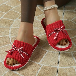 Women's All-Season Open-Toe Slip-On Slippers with Bow Detail - Soft Corduroy Fabric, Cushioned EVA Sole & Silent Non-Slip Indoor House Shoes for Home, Wedding Guest Comfort, Ladies Slippers, Scalloped Edge Design