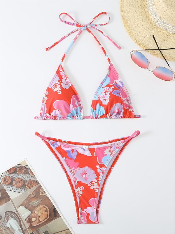 Women'S Floral Print Bikini with Adjustable Straps & Tie-Back Detail - High-Stretch Tummy Control Swimsuit for Beach, Pool, Vacation - Teal Blue, Pink Flowers, Green Leaves, Poolside Attire, Tummycontrol Swimwear, Beachwear Essentials, Highstretch Fabric - Image 6
