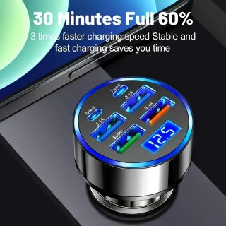 6-in-1 Fast Charging Car Charger | Dual PD USB Ports with LED Display | QC3.0 Quick Charge | Compatibility | 30 Minutes Full Charge for Multiple Devices | Sleek Metallic Finish | Cigarette Lighter Plug | Supports Up to 36V