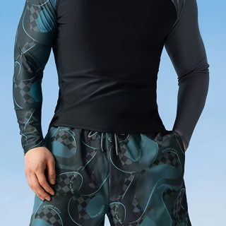 Men's Quick-Dry Swimsuit Set - Sporty Two-Layer Swim Trunks with Elastic Drawstring, Durable Nylon & Elastane Blend, Camouflage Pattern, Long Sleeve Rash Guard - Ideal for Diving & Beach Activities, Beach Swimwear|Sporty Swimwear|Smooth Texture Swimwear, High Waisted Swimsuit