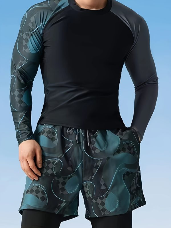 Men's Quick-Dry Swimsuit Set - Sporty Two-Layer Swim Trunks with Elastic Drawstring, Durable Nylon & Elastane Blend, Camouflage Pattern, Long Sleeve Rash Guard - Ideal for Diving & Beach Activities, Beach Swimwear|Sporty Swimwear|Smooth Texture Swimwear, High Waisted Swimsuit