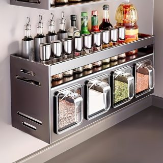 1pc Wall Mounted Condiment Organizer Set - Durable Aluminum, No Drilling Required, Includes Condiment Containers and Jars for Kitchen and Dining Room