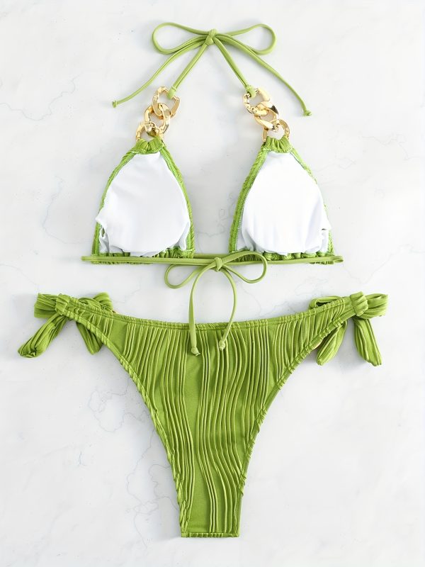 Stripes Ruched Texture Golden Chain Ring Link Halter 2 Piece Set Bikini, Bow Tie Side Triangle Halter Tie Neck Stretchy Swimsuit For Beach Pool Bathing, Women's Swimwear & Clothing - Image 10