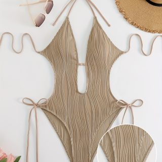 Chic Backless Halter One-Piece Swimsuit for Women - Sexy, High Stretch, Solid Color with Tie Detail, Machine Washable