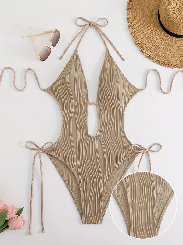 Chic Backless Halter One-Piece Swimsuit for Women - Sexy, High Stretch, Solid Color with Tie Detail, Machine Washable
