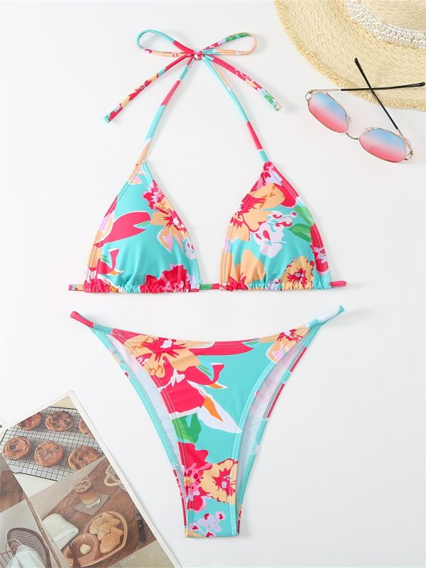 Women'S Floral Print Bikini with Adjustable Straps & Tie-Back Detail - High-Stretch Tummy Control Swimsuit for Beach, Pool, Vacation - Teal Blue, Pink Flowers, Green Leaves, Poolside Attire, Tummycontrol Swimwear, Beachwear Essentials, Highstretch Fabric - Image 7