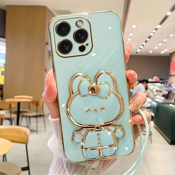 New fashionable phone case suitable for iPhone 11 12 13 14 15 16 16Por 15Pro Max 16Plus phone case, rabbit three-dimensional stand ultra-thin electroplated soft phone case protective case with bracelet - Image 12
