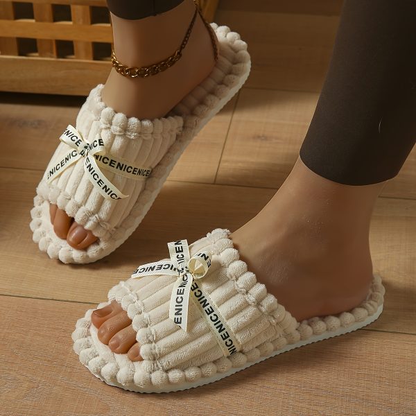 Women's All-Season Open-Toe Slip-On Slippers with Bow Detail - Soft Corduroy Fabric, Cushioned EVA Sole & Silent Non-Slip Indoor House Shoes for Home, Wedding Guest Comfort, Ladies Slippers, Scalloped Edge Design - Image 8