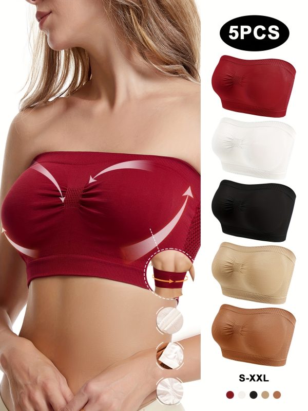 5pcs CELILIN Women's Strapless Bandeau Bras - Wireless Seamless Breathable Lace Trim, Medium Support Solid Color for Casual Attire, Gym, Parties & Casual Outfits, Party Lingerie | Elegant Underwear | Durable Fabric Construction