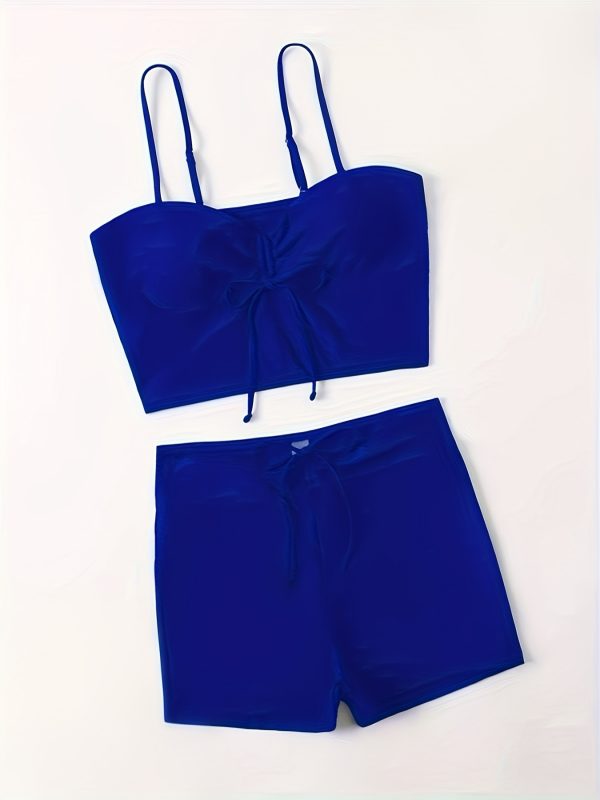 Monochrome Two-Piece Swimsuit Set with Drawstring Ruched Halter Top and High-Waisted Shorts 2pcs Swimsuit - Image 5