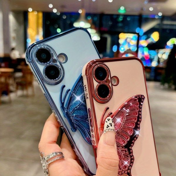 Electroplated Side Rose Flower + Glitter Butterfly Stand, High-Quality Feel for Apple Full-Cover Shockproof Protective Case, Creative for Iphone 16, 15, 14, 13, 12 Mini, 11, XR, 7, 8, SE2, SE3, Plus, Pro Max Phone Case Set. - Image 4