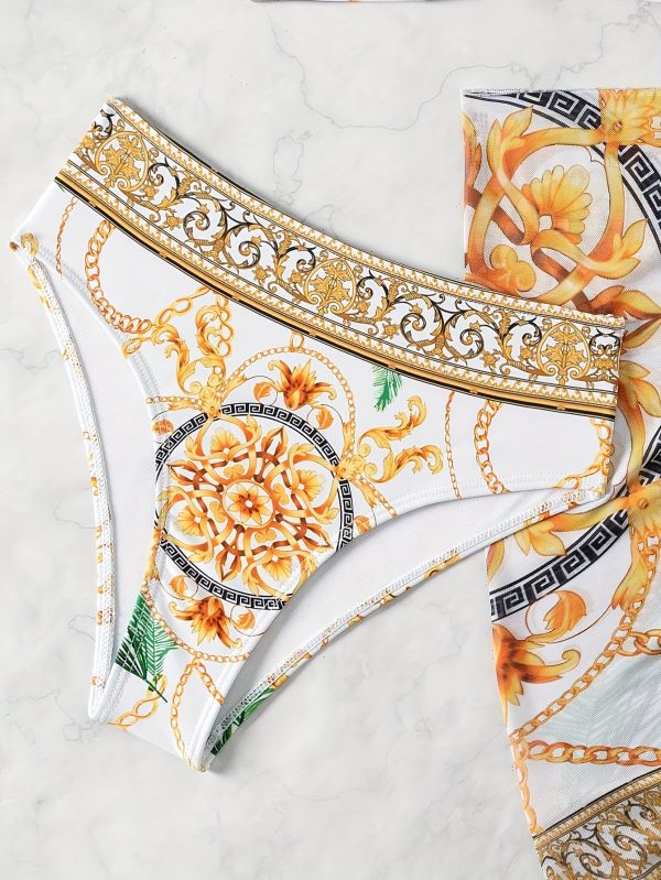 3pcs Women'S Bikini Set with Floral Print Sarong - High Stretch Knotted Swimsuit, Chain Print Wrap Skirt, and Tube Top - Perfect for Summer Beach Vacation - Image 4