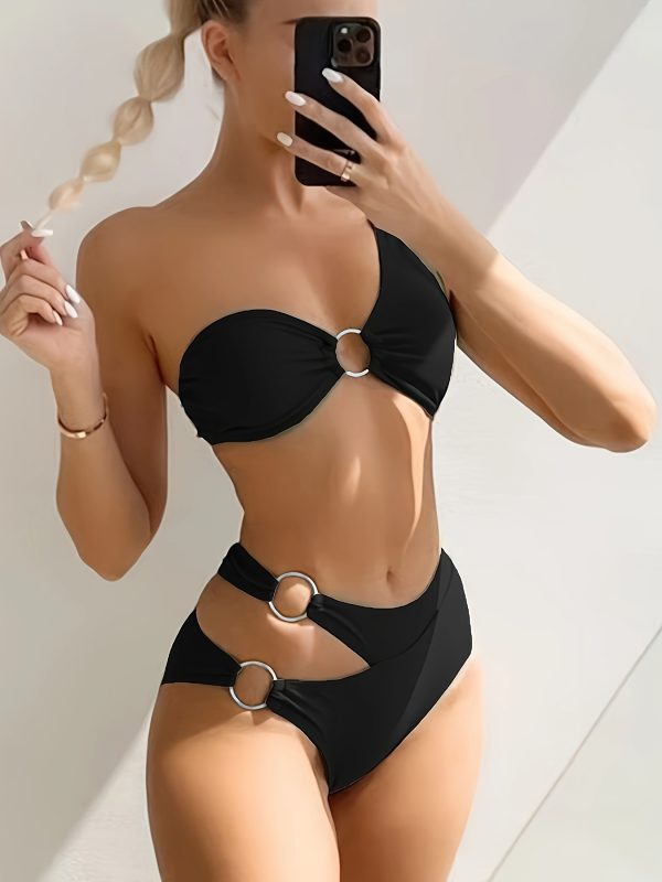 Women'S Green Bikini Set with Ring Detail - High Stretch Polyester Fabric, Solid Color, Perfect for Beach and Pool, Beach Attire|Minimalist Style|String Detailin - Image 3
