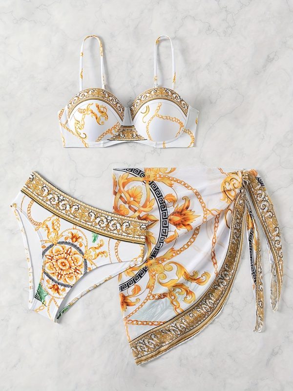 3pcs Women'S Bikini Set with Floral Print Sarong - High Stretch Knotted Swimsuit, Chain Print Wrap Skirt, and Tube Top - Perfect for Summer Beach Vacation - Image 3