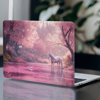 3pcs - 1pc Spare, PVC Laptop Skin with Tranquil White Horse & Pink Cherry Blossom Design - Scratch-Resistant, Self-Adhesive - Customizable for 30.48-39.62cm Notebooks - DIY Easy, Notebook Skin | Serene Landscape Art | PVC Material