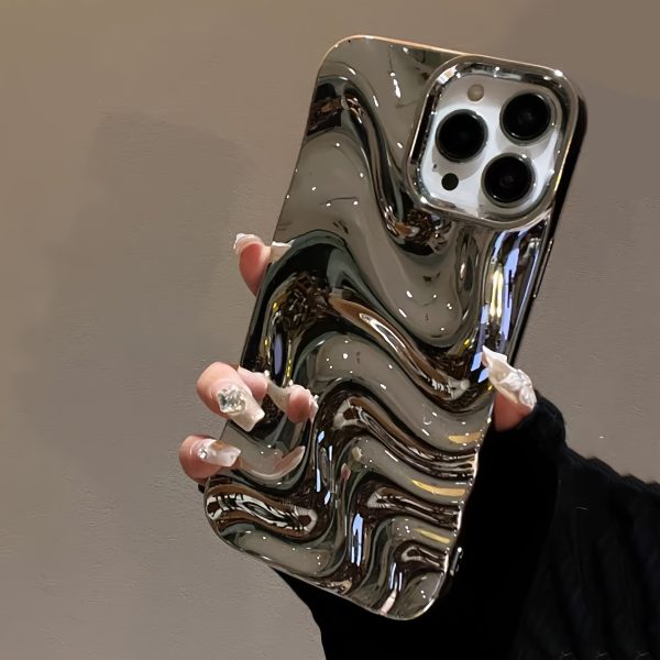 A Silver-Plated 3D Personalized Water Wave Pattern Phone Case Suitable for Iphone 11, Iphone 13, Iphone 14, Iphone 14 Pro Max, Iphone 15, Iphone 15 Pro, Iphone 15 Pro Max, Iphone 16, Iphone 16 Pro, Iphone 16 Pro, And Iphone 16 Pro Max. - Image 3