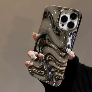 A Silver-Plated 3D Personalized Water Wave Pattern Phone Case Suitable for Iphone 11, Iphone 13, Iphone 14, Iphone 14 Pro Max, Iphone 15, Iphone 15 Pro, Iphone 15 Pro Max, Iphone 16, Iphone 16 Pro, Iphone 16 Pro, And Iphone 16 Pro Max.