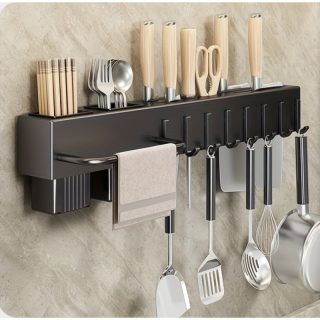 1pc Black Wall-Mounted Kitchen Organizer with Hooks – Space-Saving Storage Rack for Knives, Cutting Boards, Utensils & Spatulas, Durable Powder-Coated Finish, Perfect for Countertop or Cabinet Organization, Kitchen Organizers And Storage