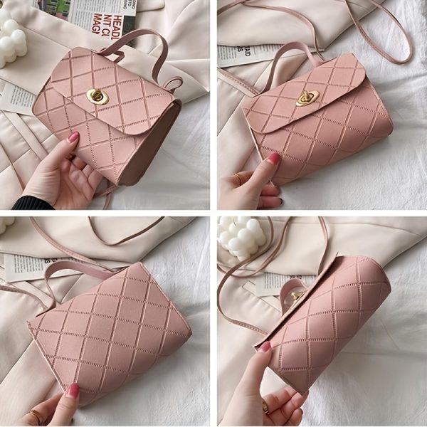 Women's Fashion Quilted Crossbody Bag - Stylish Solid Color Shoulder Purse with Twist Lock Closure, Adjustable Strap & Golden Accents, Pattern Design, Available in Black, Red, Pink, Brown & White, Durable PU Material, Perfect for Casual or Formal Occasions, Crossbody Purse, Evening Accessory, Quilted Texture, Goldtone Hardware - Image 13