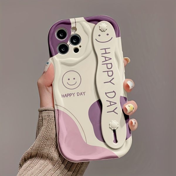 A White And Purple Dual-Tone Smiley Face Phone Case with a Cream Shell And Wrist Support, Featuring a Minimalist Design, Compatible with Models 16/16Plus/16Pro/16Promax/15/15Plus/15Promax/14/14Plus/14Pro/14Promax, 13/13Pro/13Promax, 12/12Pro/12Promax, 11/11Pro Max. - Image 6