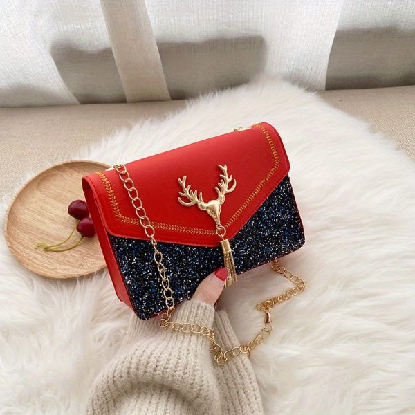 Women'S Red Shoulder Bag with Golden Deer Emblem, Adjustable Chain Strap, and Buckle Closure - Elegant Animal Print Design for Casual or Formal Occasions, Evening Handbag | Stylish Chain Strap | Ba - Image 3