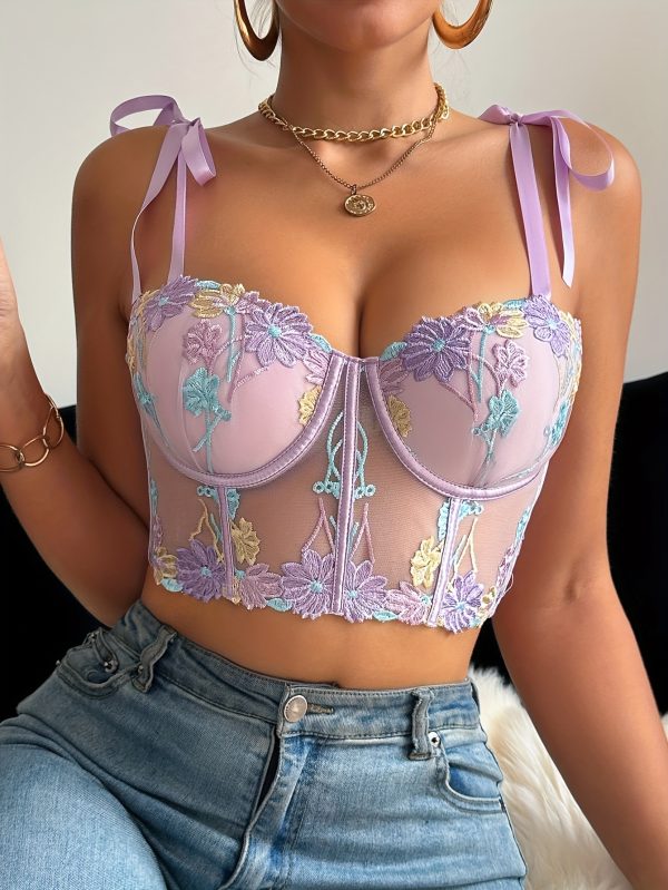 Women'S Sexy Floral Lace-Up Corset with Shoulder Straps - Comfortable Mesh Embroidered Flower Brastring Lingerie, Adult Size, Floral Pattern, Lace-Up Detail, Adult Lingerie|Floral Pattern Bra|Laceup Detailin - Image 4