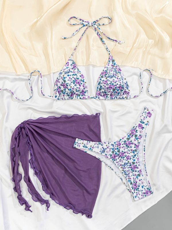 3pcs Floral Print Halter Bikini Set with Matching Tie-Waist Skirt & Headband - Stretchy Polyester/Spandex Blend, Vibrant Purple & Blue Flower Design, Perfect for Summer Beach Outing - Image 6