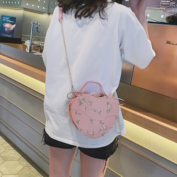 1pc Women's Floral Heart Crossbody Bag - Round Shoulder Bag with Golden-Tone Zipper Closure, Detachable Strap & Chain Link, Green & Beige Embroidery Design for Casual & Special Occasions - Perfect Gift for Mother's Day, Valentine's, Christmas, Heart Shaped Purse, Charming Accessory - Image 8