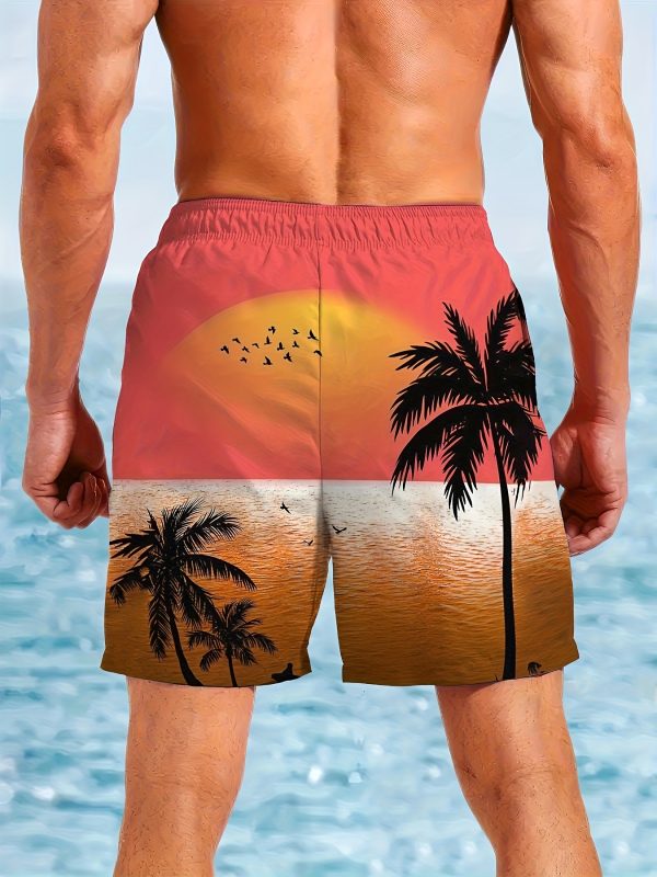 Men's Quick-Dry Swim Shorts - Hawaiian Beach Board Shorts with Tropical Sunset, Orange to Yellow Ombre Gradient Swim Trunks for Surfing, Pool, Vacation - Non-Stretch Swimwear for Adults, Outdoor Water Activities, Vibrant Print, Adjustable Waistband, Outdoor Adventurers - Image 2