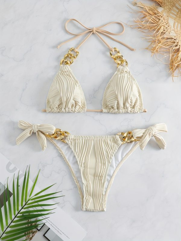 Stripes Ruched Texture Golden Chain Ring Link Halter 2 Piece Set Bikini, Bow Tie Side Triangle Halter Tie Neck Stretchy Swimsuit For Beach Pool Bathing, Women's Swimwear & Clothing - Image 3