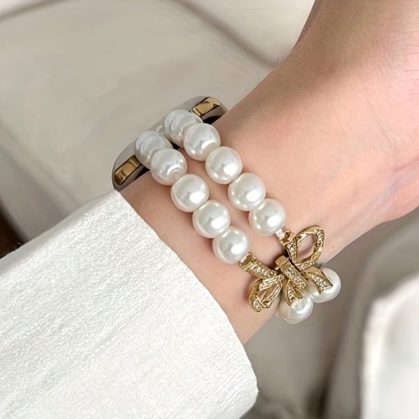 1 pearl bow Apple Watch Women's strap, compatible with Apple Watch 38/40/41/42/45/46/49mm, compatible with Apple Watch Series Ultra/SE/10/9/8/7/6/5/4/3/2/1 business sports metal strap color matching very fashionable high-end smart wristband (excluding watch) 6 pearls (wrist size about 15cm) - Image 5