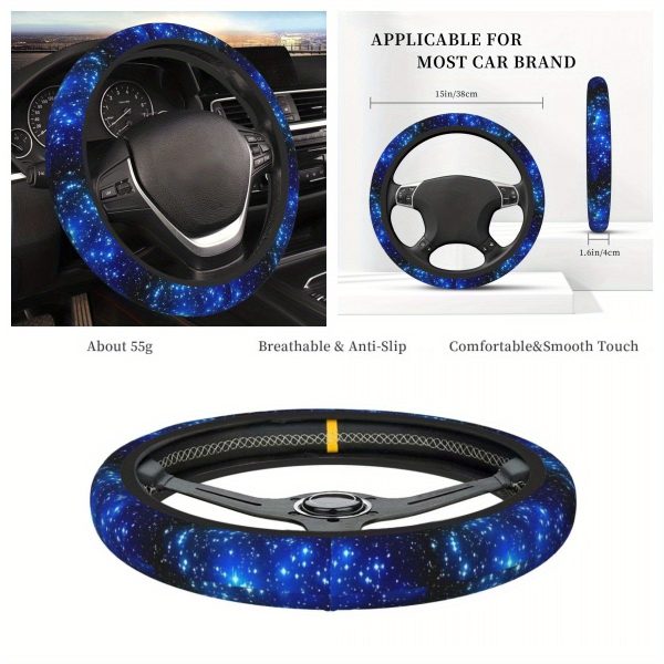 Breathable Anti-Slip Elastic Steering Wheel Cover - Blue Starry Night Design, No Inner Circle, Fit for Cars, Comfortable Grip & All-Season Use, Cute Steering Wheel Cover, Car Accessory, Stylish Car Decor - Image 2