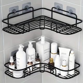 1pc Wrought Iron Wall Hanging Bathroom Shelf, Corner, No Drill, for Bathroom