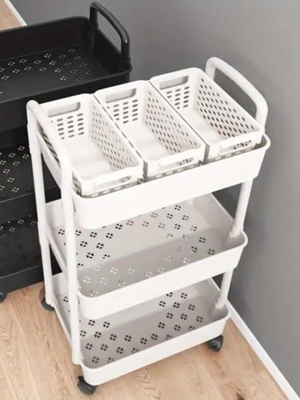 Three-Tier Expandable Bath Storage Cart, White, Plastic, Freestanding, Bathroom, Pull-Out Shelves, Assembled, No Golden Pipes - Image 7