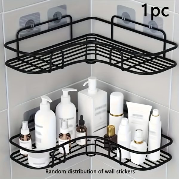 1pc Wrought Iron Wall Hanging Bathroom Shelf, Corner, No Drill, for Bathroom - Image 2