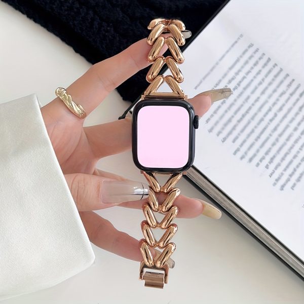 1pc V-Shaped Gold-Plated Stainless Steel Smartwatch Band, Elegant Metal Strap with Jewel Clasp, Compatible with Apple Watch Series 1-SE & SE (40mm, 44mm, 45mm, 46mm, 49mm), Non-Water Resistant, with No Battery for Apple Watch - Image 6