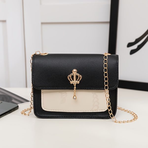 Black Synthetic Faux Leather Minimalist Geometric Pattern Unlined Lightweight Crossbody Shoulder Messenger Bag, Small, Cute, Simple, Versatile, with Removable-strap and Magnet Closure, for Women, Ladies