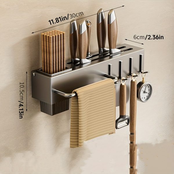 1pc No-Drill Stainless Steel Wall-Mounted Knife & Utensil Organizer - Rust-Resistant Non-Magnetic Space-Saving Kitchen Storage with Chopstick Holder, Knife Slots & Hooks for Knives, Spatulas, Whisks, Kitchen Organizers And Storage, Sleek Design, Durable Construction, Home Chefs, Minimalist Design, Sturdy Construction, Professional Cooks - Image 8
