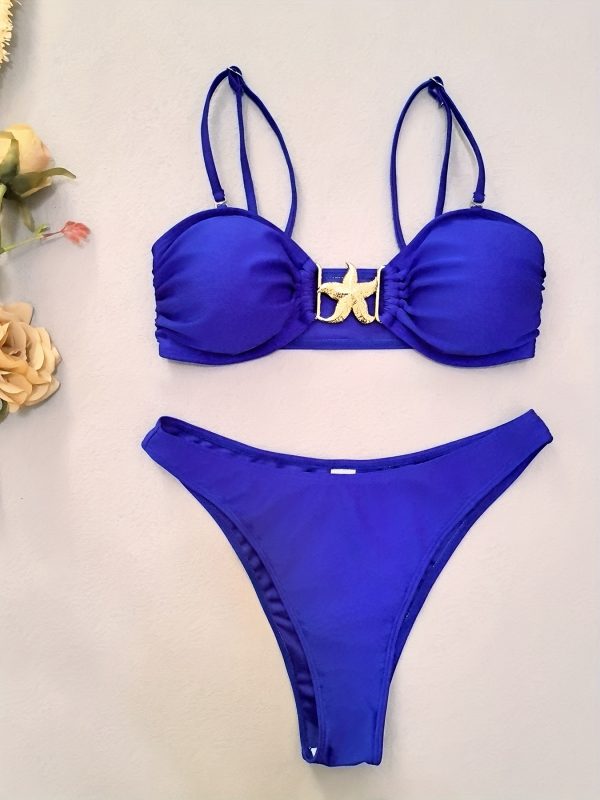 3pcs Women's Bikini Set, High Stretch, Solid Color, Semi Sheer Swimwear Bra & Panty & Split Mesh Skirt with Starfish Detail - Image 9