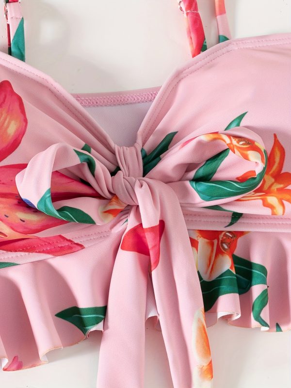 Hot-selling Women's swimsuit wrap skirt half-body swimsuit set with flower print and pleated edges, sexy with bow tie, Tankini set - Image 4