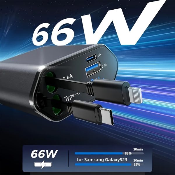4-in-1 Fast Car Charger, with Retractable 66W Max66W, Adjustable 180° Plug, Includes 79.25cm Extendable Cable, USB & Type-C Ports, PD & QC3.0, Compatible with iPhone 16/15/14/13/12/11 & Android Devices, Ideal for Car Cup Holder, Quick Charge Car Charger by SAN.COMO - Image 8
