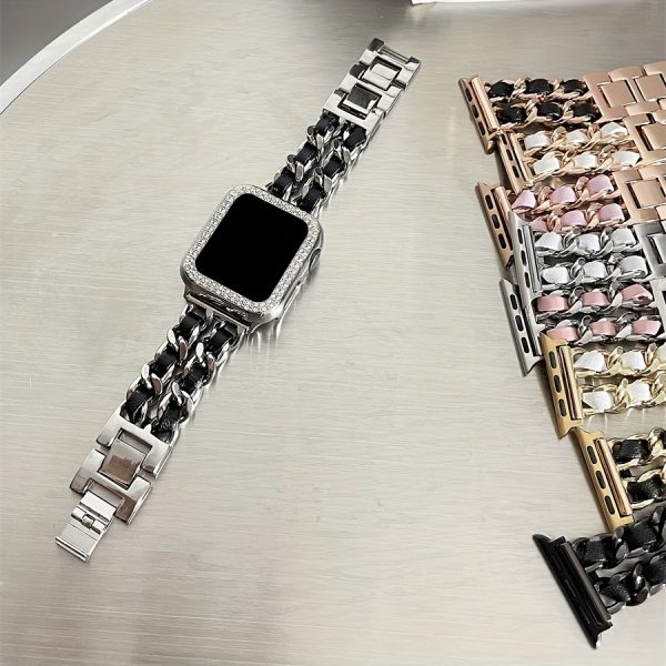 BIIFAKOO-Little Flavor Apple Watch Strap is suitable for iwatch10 9 8 7 6 5 4 3 2 1 SE Advanced Metal Chain with Two Rows of Protective Case compatible with 45mm 44mm 42mm 41mm 40mm 38mm - Image 4