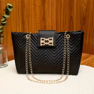 Elegant Black Tote Bag with Golden Chain Straps - Lightweight, Magnetic Closure, Polyester Lining, Perfect for Daily Commute & Casual Outings, Everyday Tote Bag|Sleek Shoulder Bag|Durable Zippers, Tote Bag