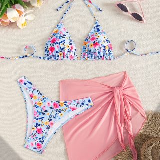 Women'S Fresh Floral Mesh Bikini Three-Piece Set - Sexy Lace-Up Halter Neck, Backless, and Bottoms with High Stretch Fabric, Perfect for Casual Beach Wear, Beach Attire|Floral Print|Stretchy Fabric